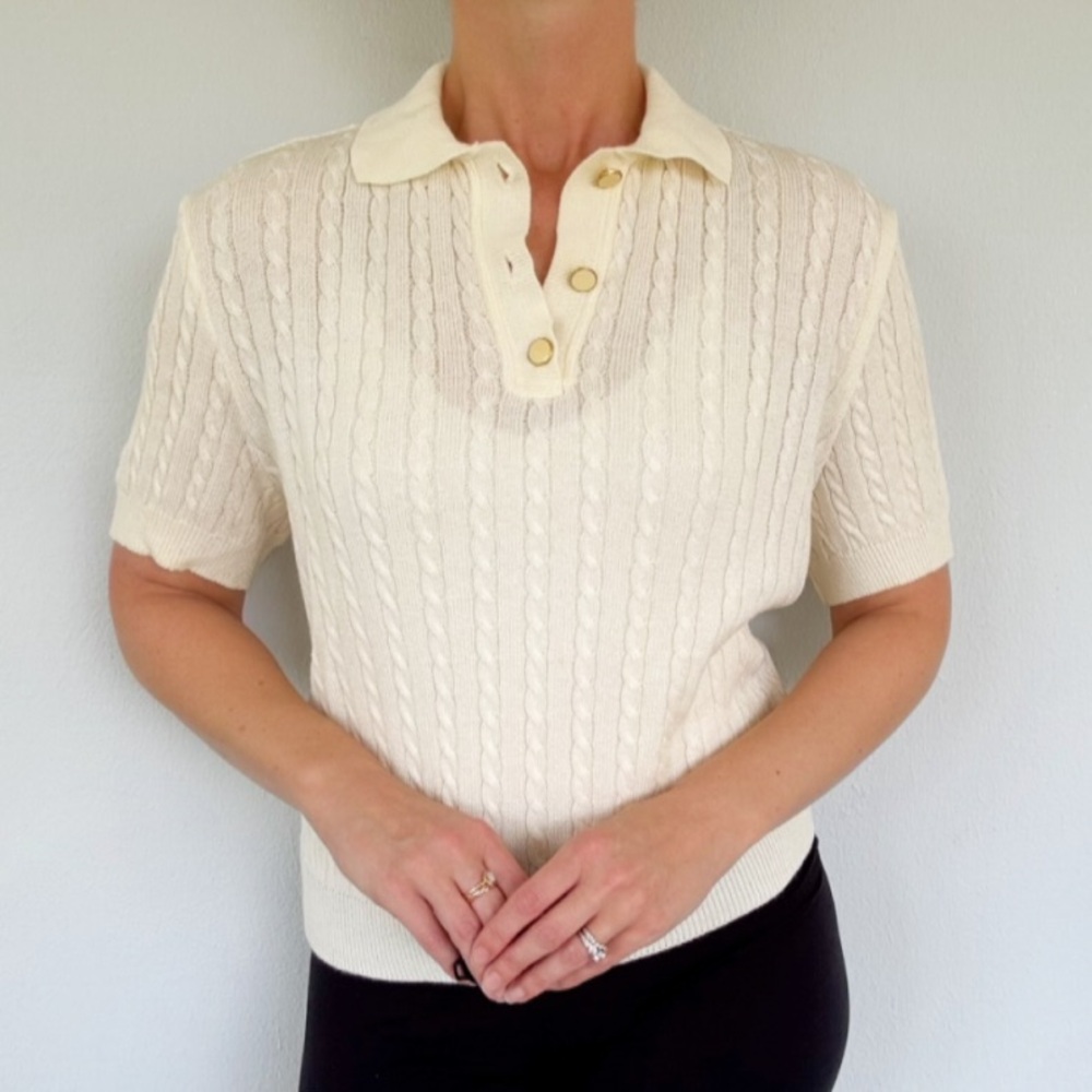 Vintage Philippe Marques Petite cream cable knit short sleeve polo sweater 10